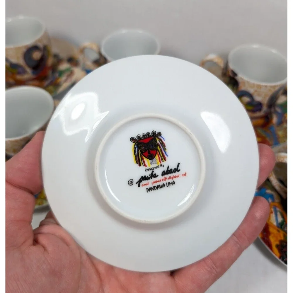 Pacita Abad Espresso Set‎ Mini Cup Mug Saucer Porcelain RARE Wayang Pandawa Lima